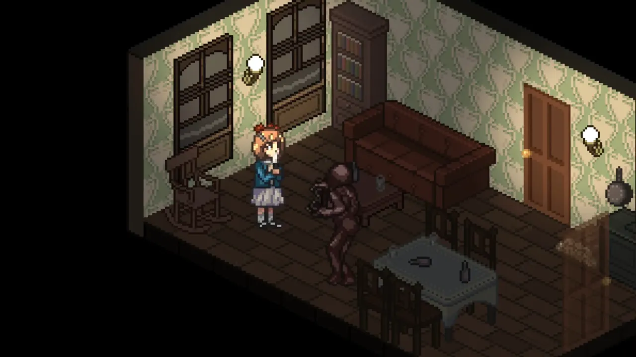 Isometric living room with a girl in a blue dress in Dead of Darkness 2
